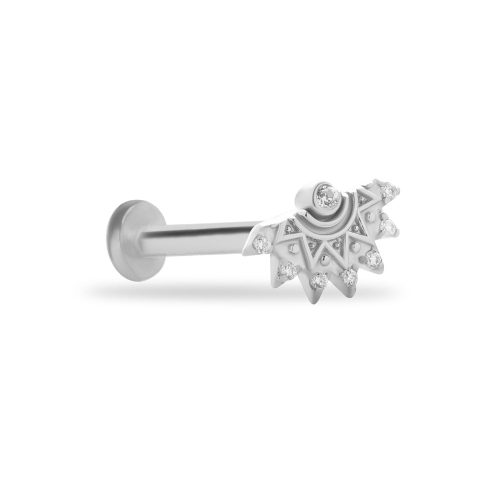 A fan stud piercing earring with clear zircons - 14K Solid White Gold