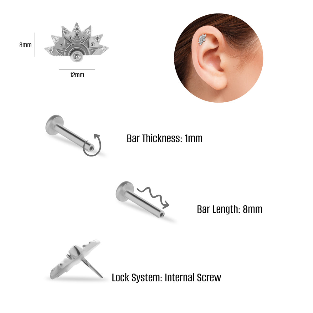 A fan stud piercing earring with clear zircons - 14K Solid White Gold