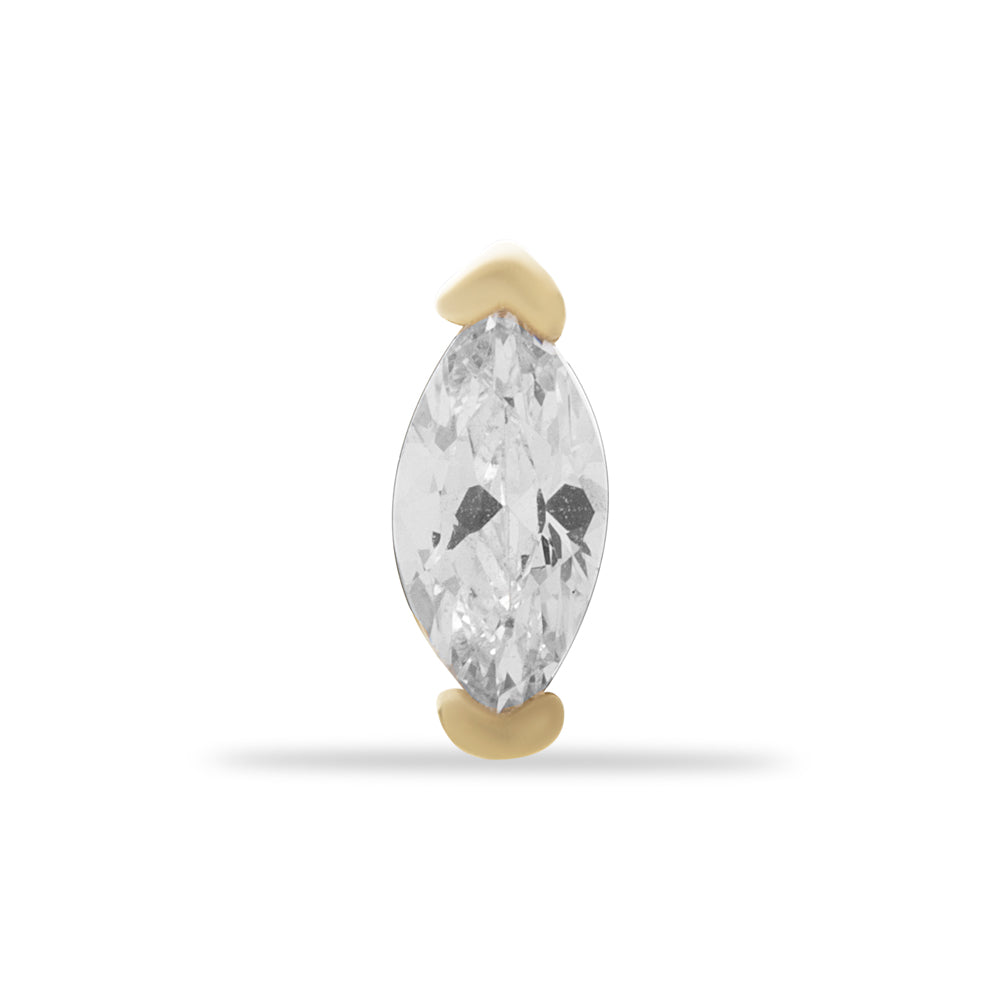 Marquis stud piercing earring with clear zircon - 14K Solid Yellow Gold