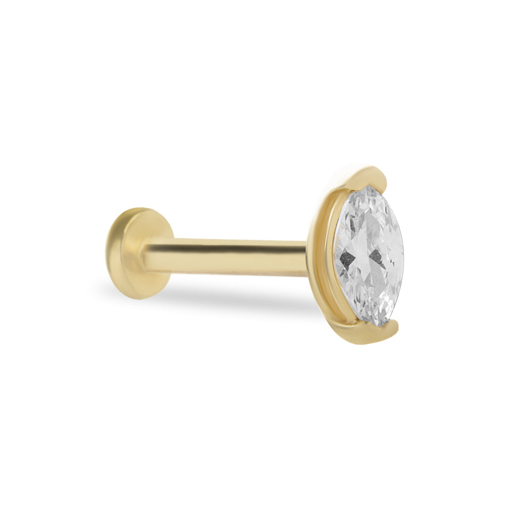 Marquis stud piercing earring with clear zircon - 14K Solid Yellow Gold