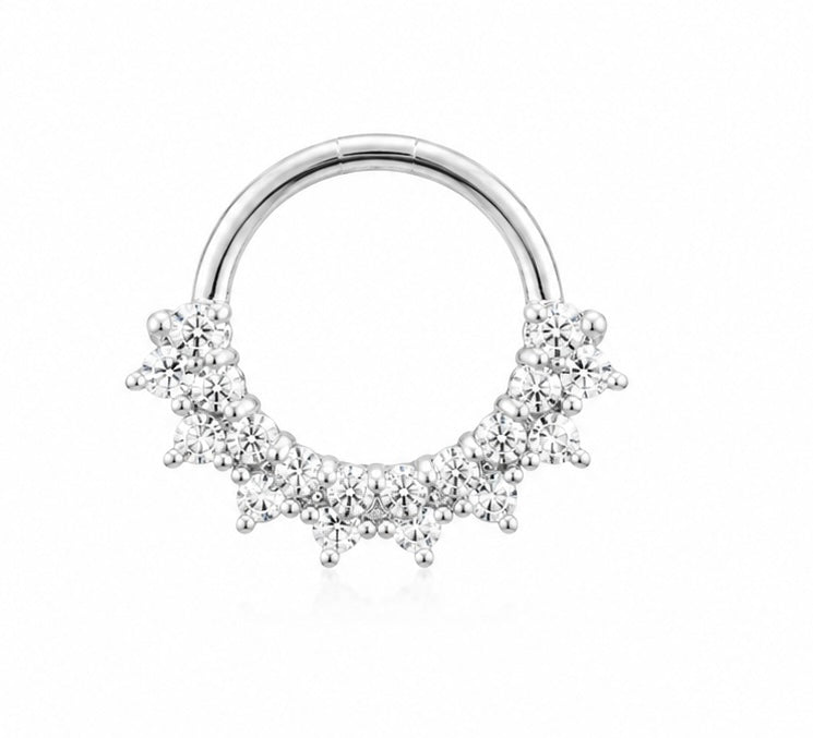8mm Hoop piercing earring with clear zircons - 14K Solid White Gold