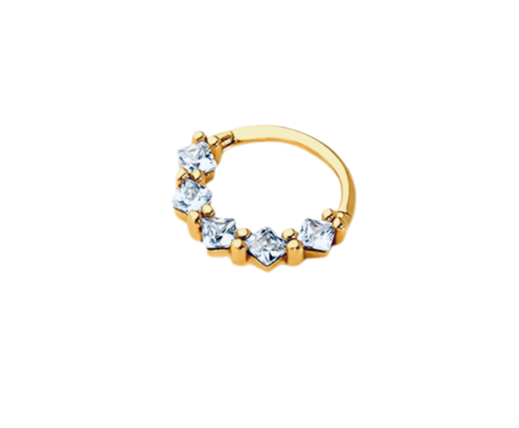 8mm Hoop piercing earring with clear zircons - 14K Solid Yellow Gold