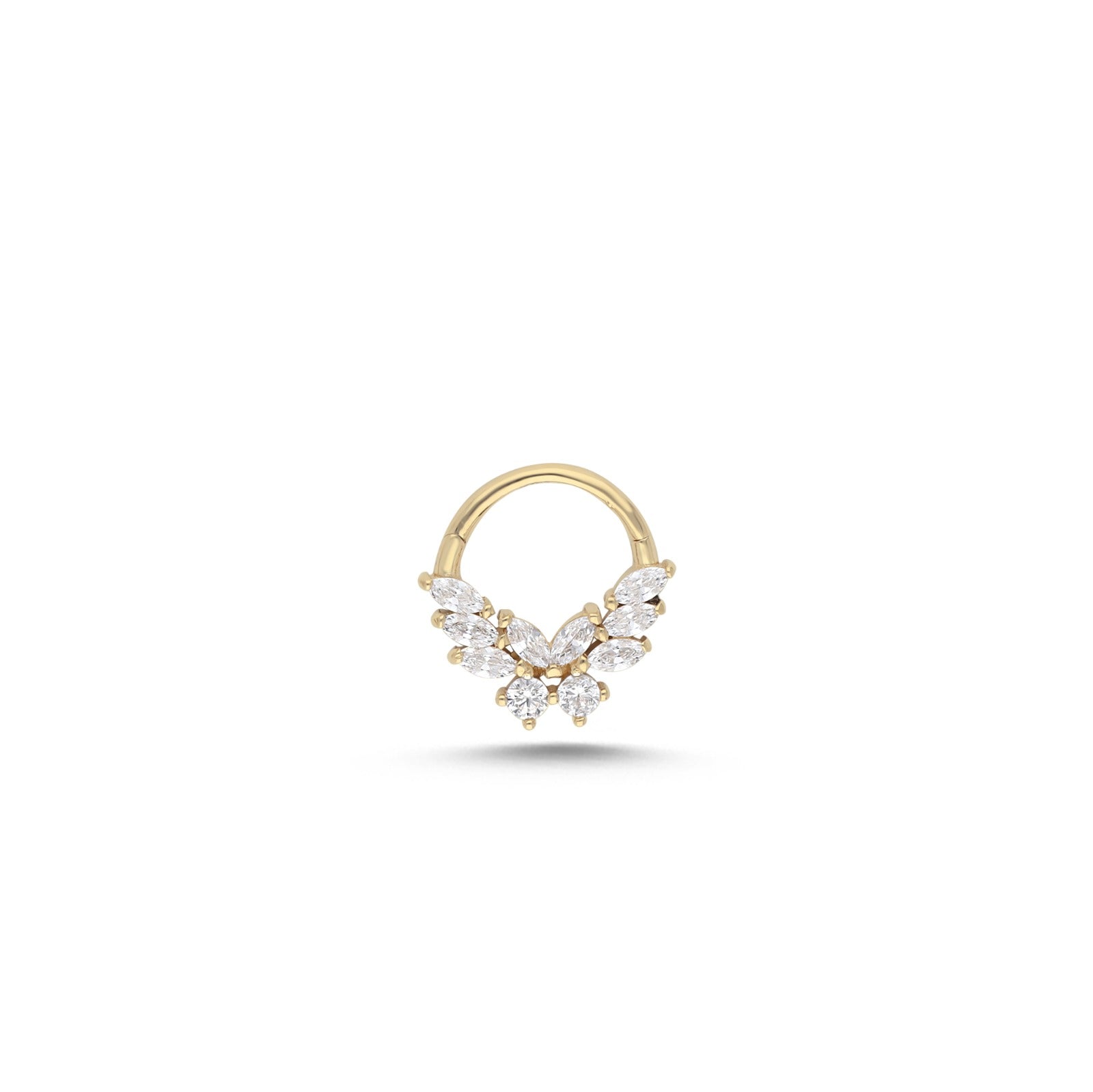 8mm Flower hoop piercing earring with clear zircons - 14K Solid Yellow Gold