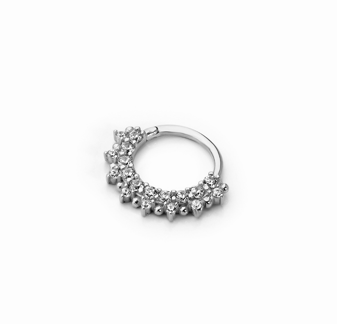 8mm Hoop piercing earring with clear zircons - 14K Solid White Gold