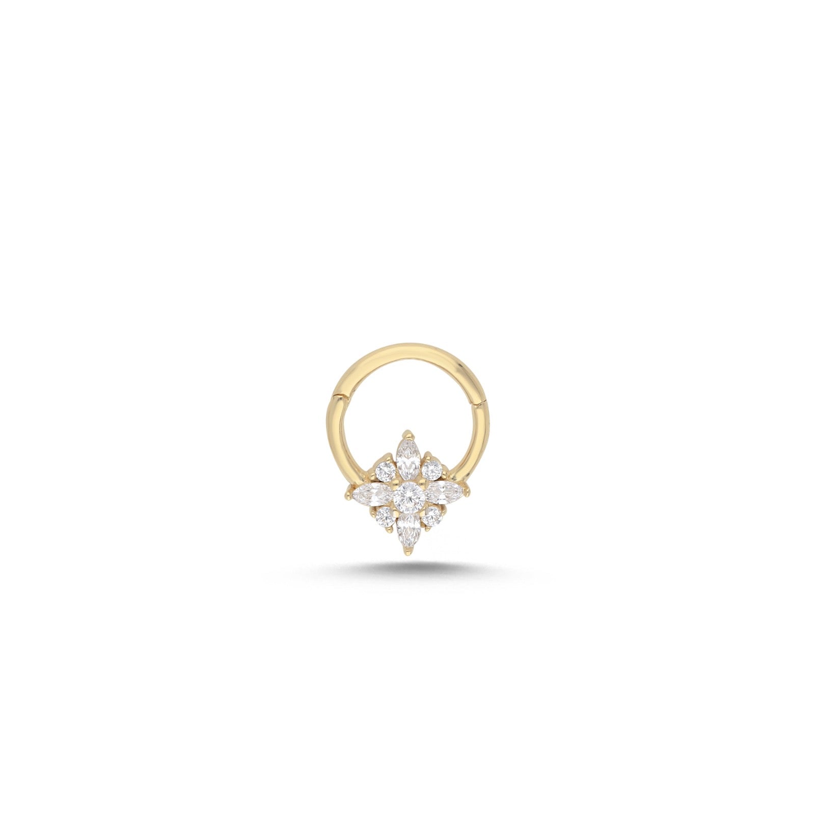 8mm Flower hoop piercing earring with clear zircons - 14K Solid Yellow Gold