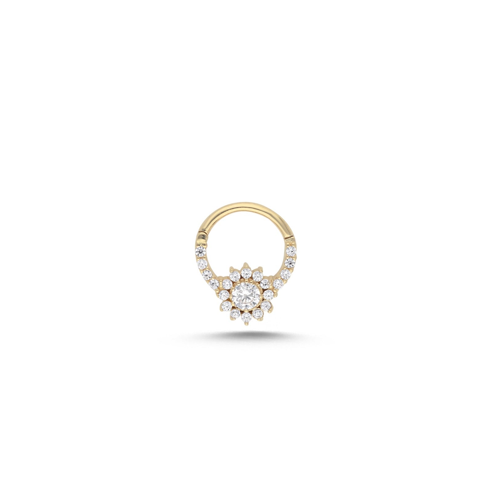 8mm Flower hoop piercing earring with clear zircons - 14K Solid Yellow Gold