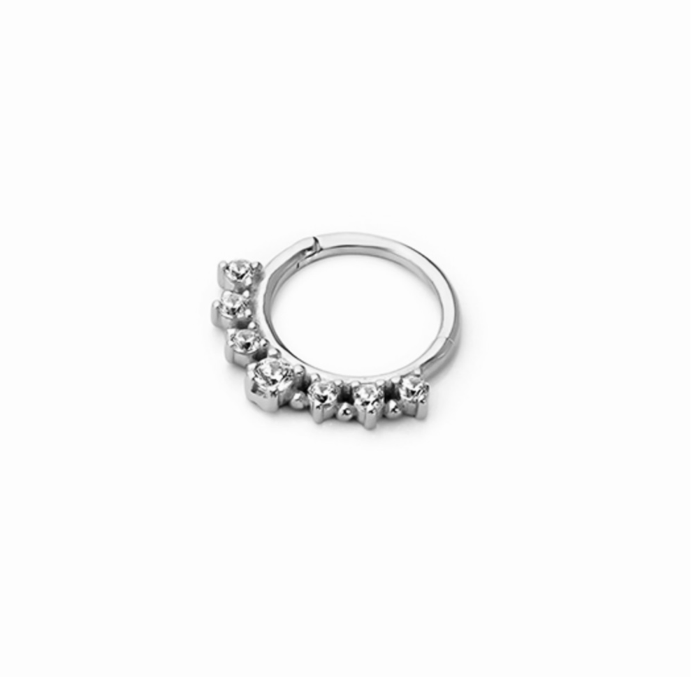 8mm Hoop piercing earring with clear zircons - 14K Solid White Gold