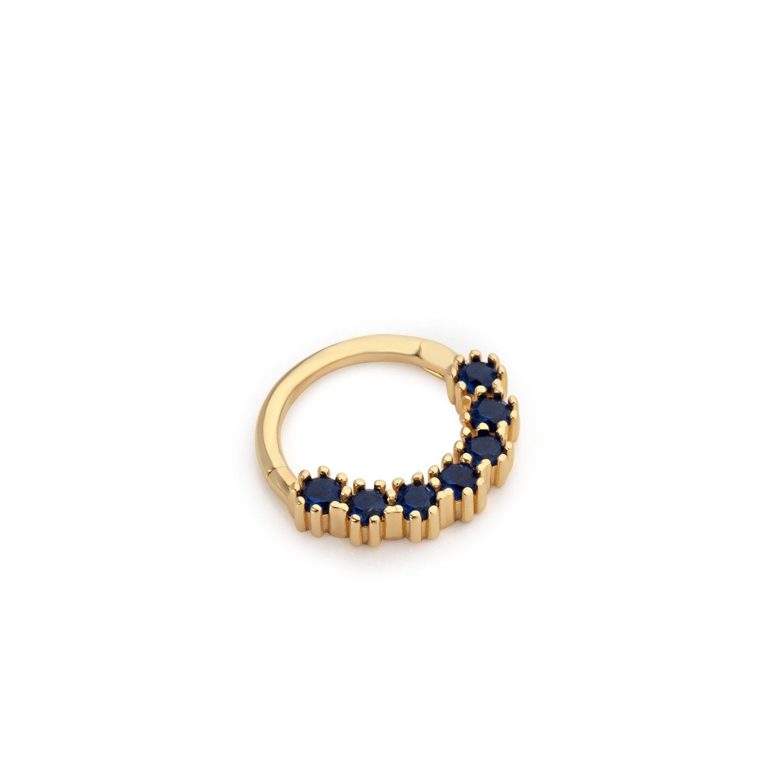 8mm Hoop piercing earring with blue zircons - 14K Solid Yellow Gold