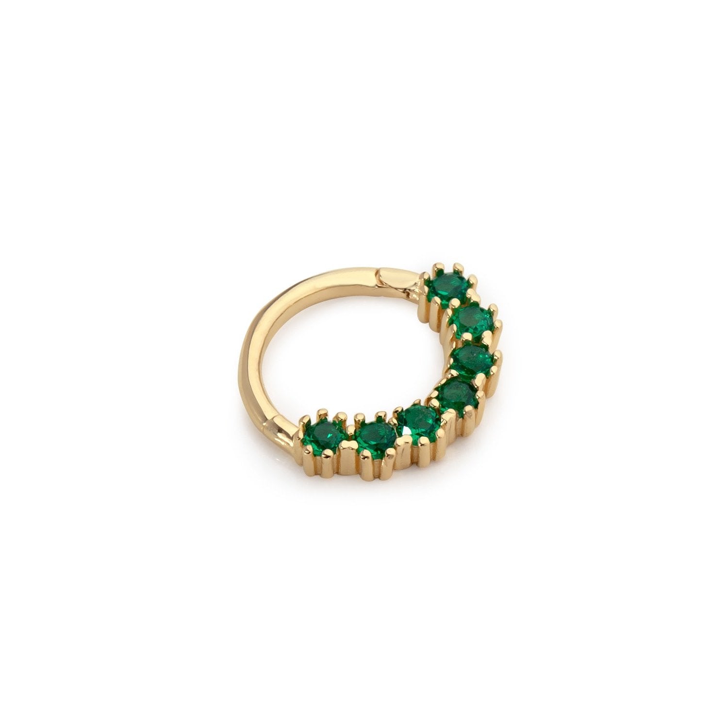 8mm Hoop piercing earring with green zircons - 14K Solid Yellow Gold