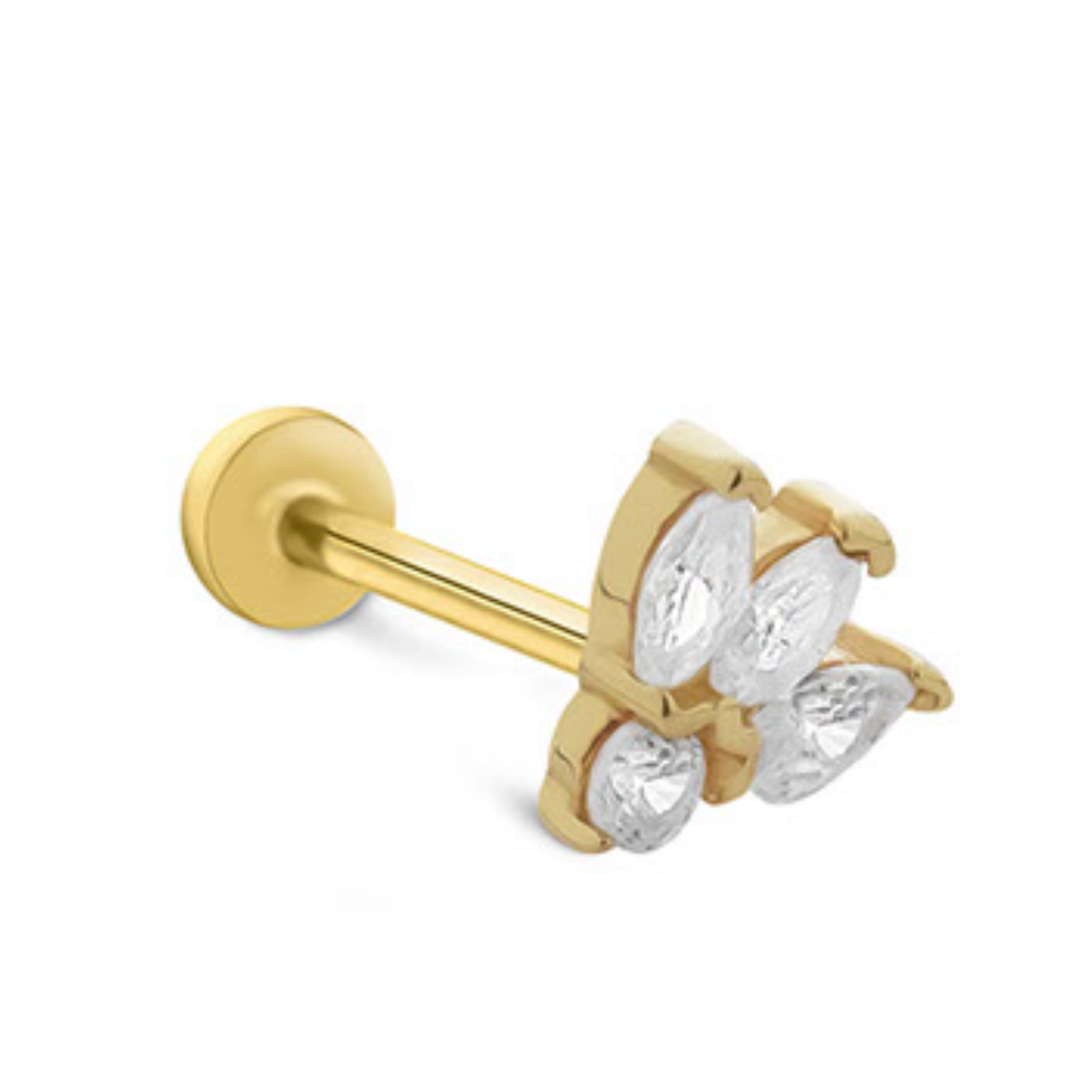 Lotus stud piercing earring with clear zircon - 14K Solid Yellow Gold