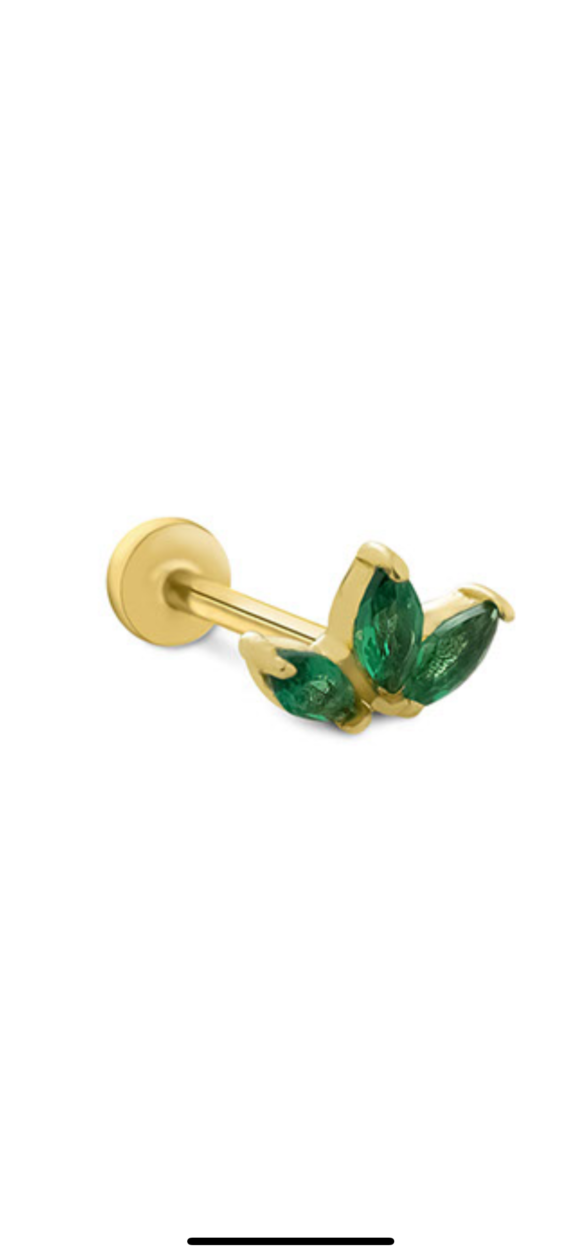 Lotus stud piercing earring with green zircons - 14K Solid Yellow Gold