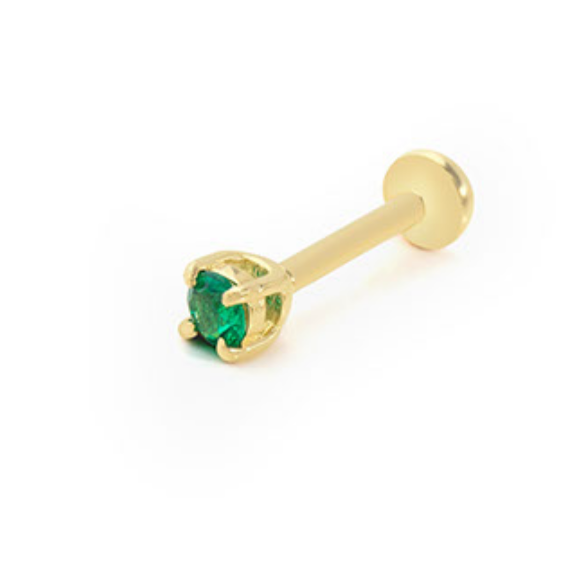 Dot stud piercing earring with green zircon - 14K Solid Yellow Gold