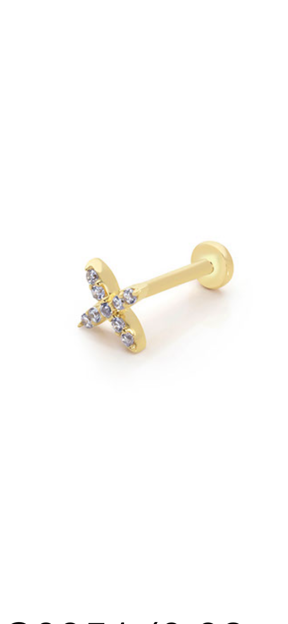 X stud piercing earring with clear zircons - 14K Solid Yellow Gold