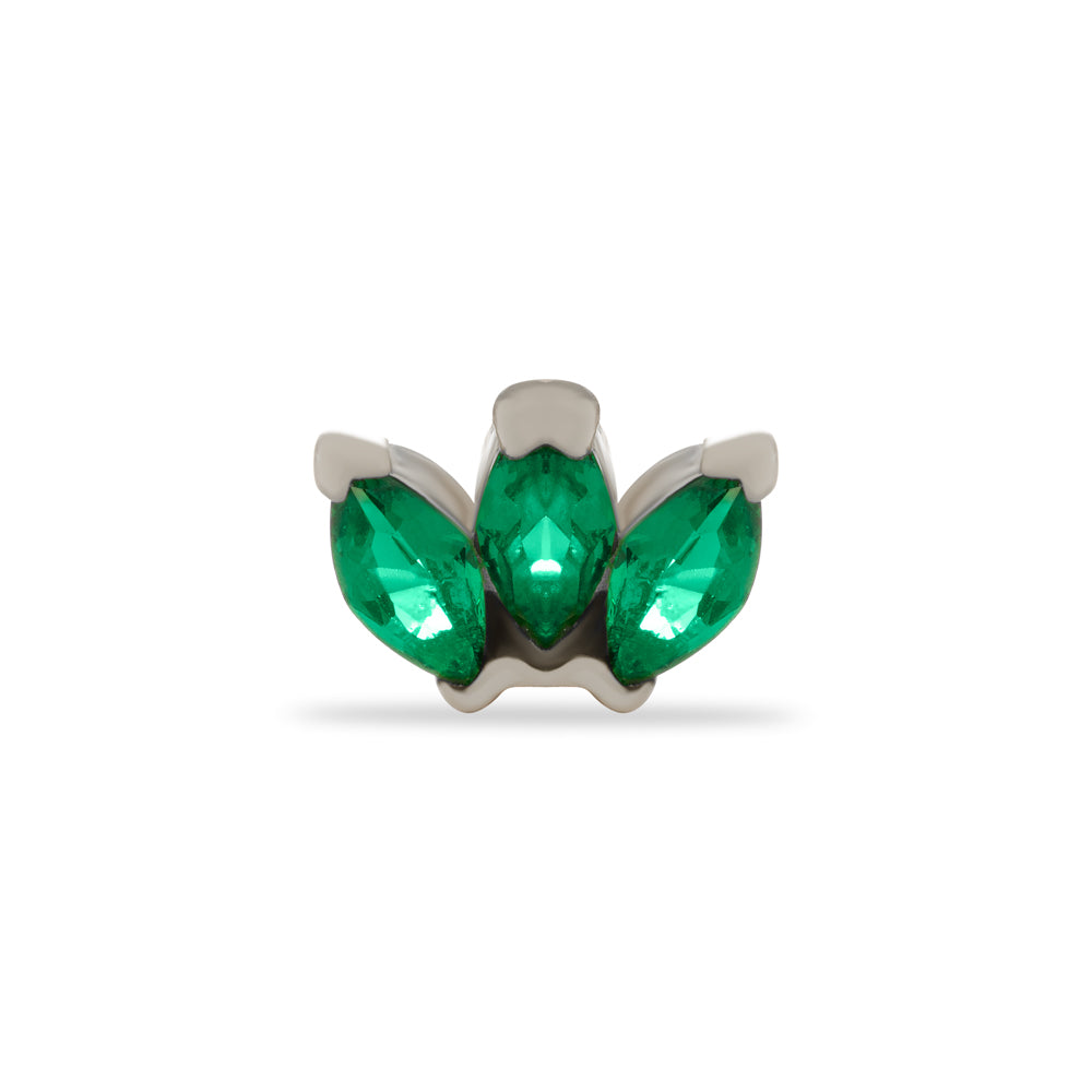 Lotus flower stud piercing earring with green zircons - 14K Solid White Gold