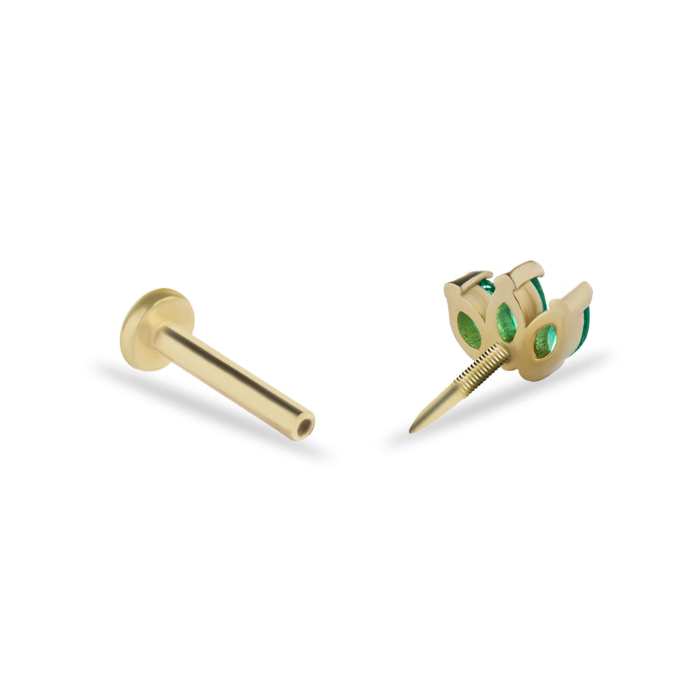 Lotus flower stud piercing earring with green zircons - 14K Solid Yellow Gold
