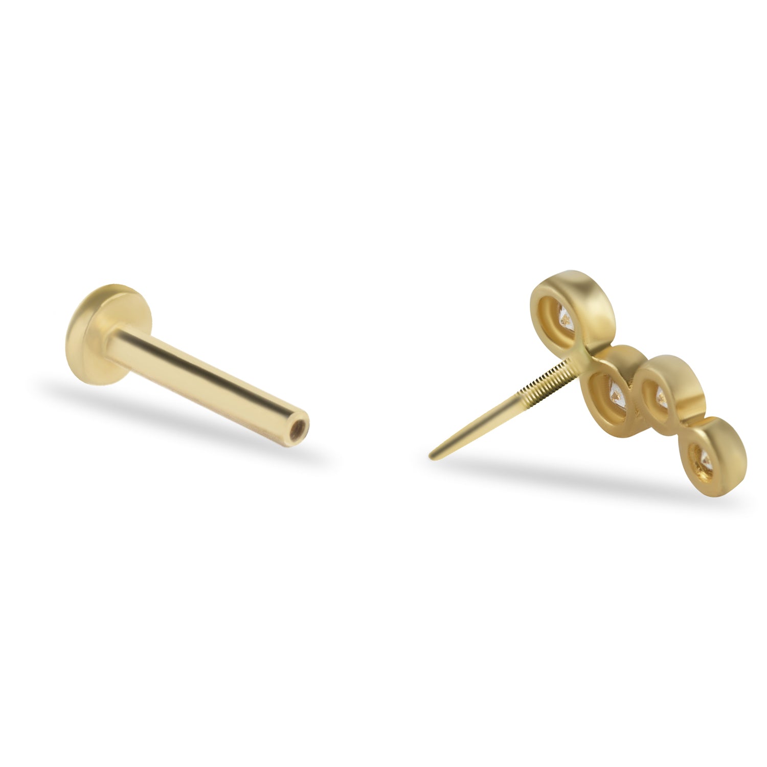 Climber stud piercing earring with clear zircons - 14K Solid Yellow Gold
