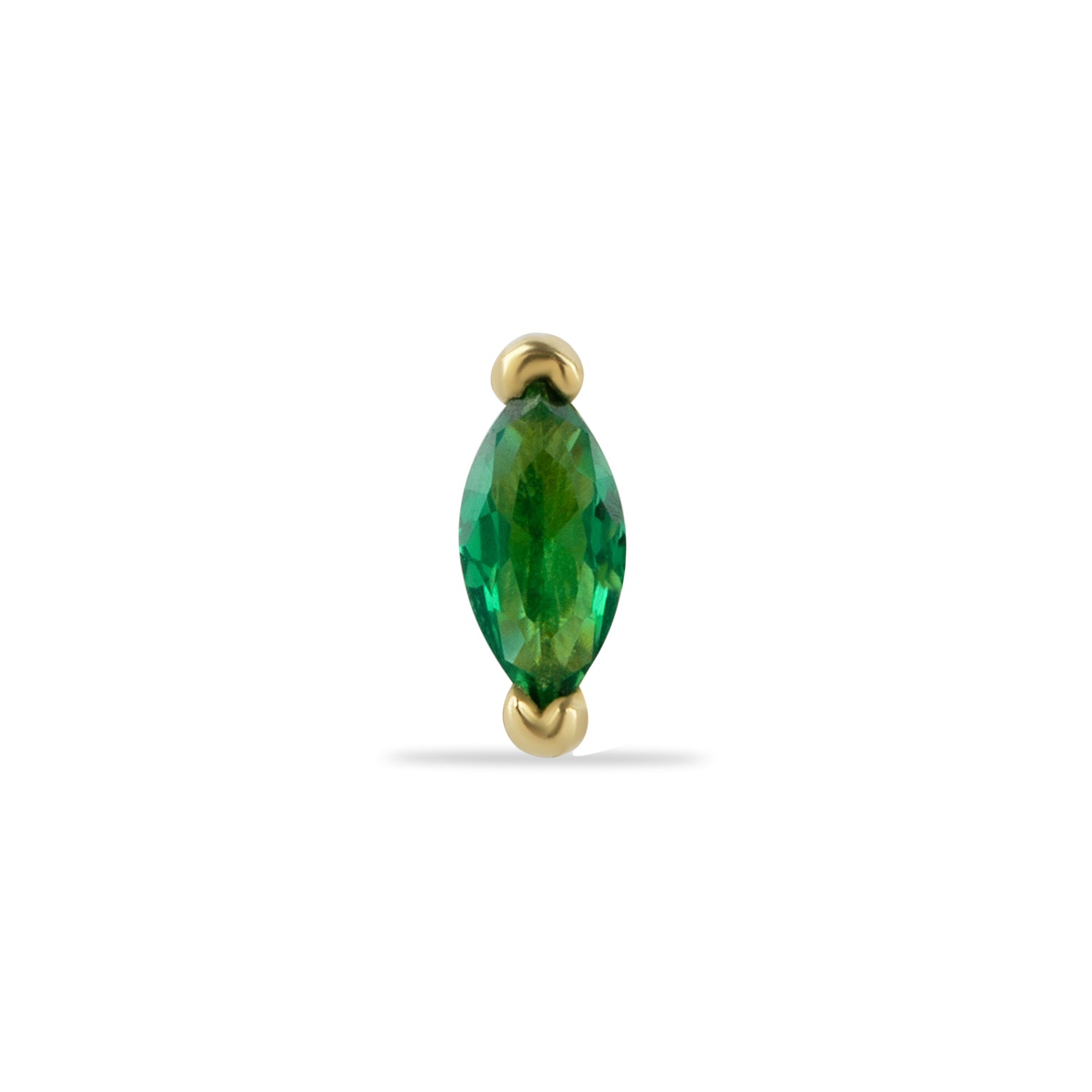 Marquise stud piercing earring with green zircon - 14K Solid Yellow Gold