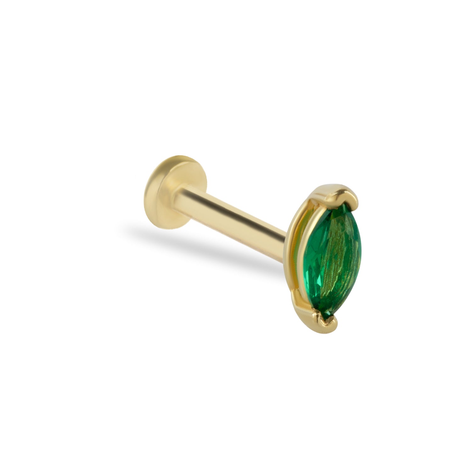 Marquise stud piercing earring with green zircon - 14K Solid Yellow Gold