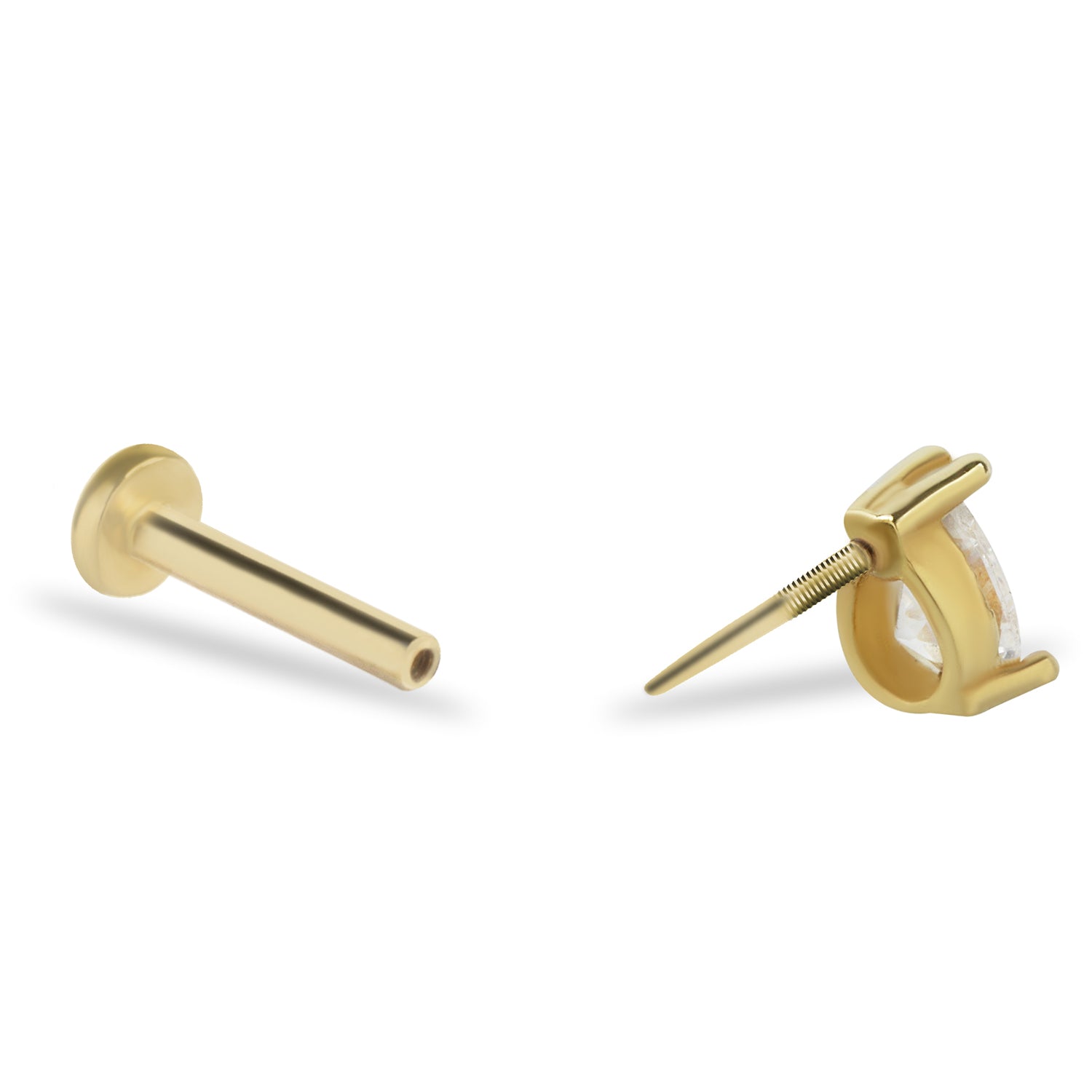 Pear stud piercing earring with clear zircon - 14K Solid Yellow Gold
