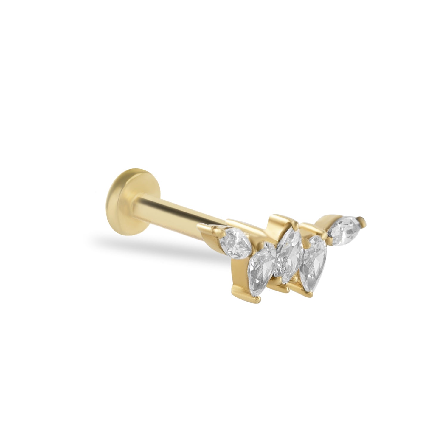 Climber stud piercing earring with clear zircons - 14K Solid Yellow Gold