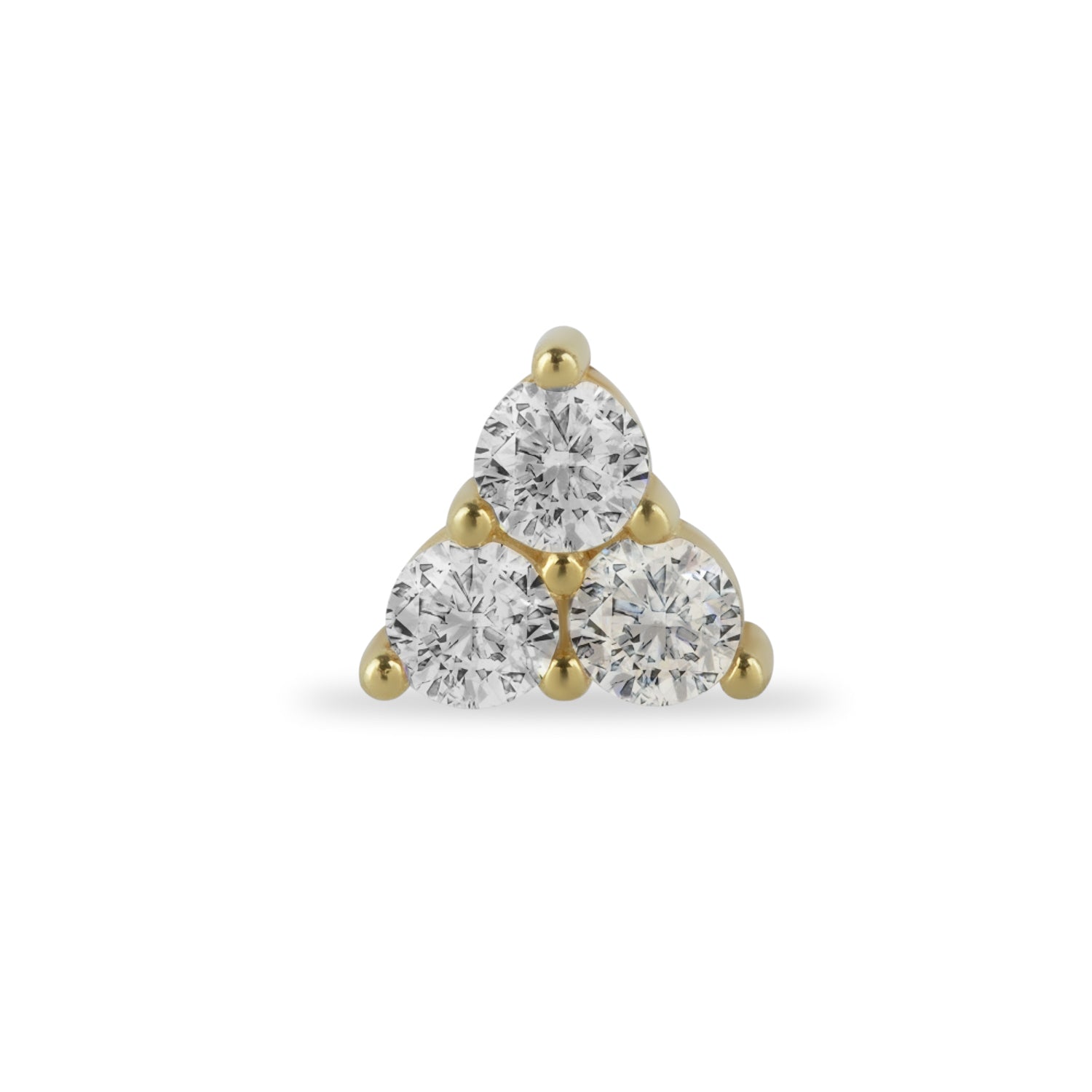 Triangle stud piercing earring with clear zircons - 14K Solid Yellow Gold