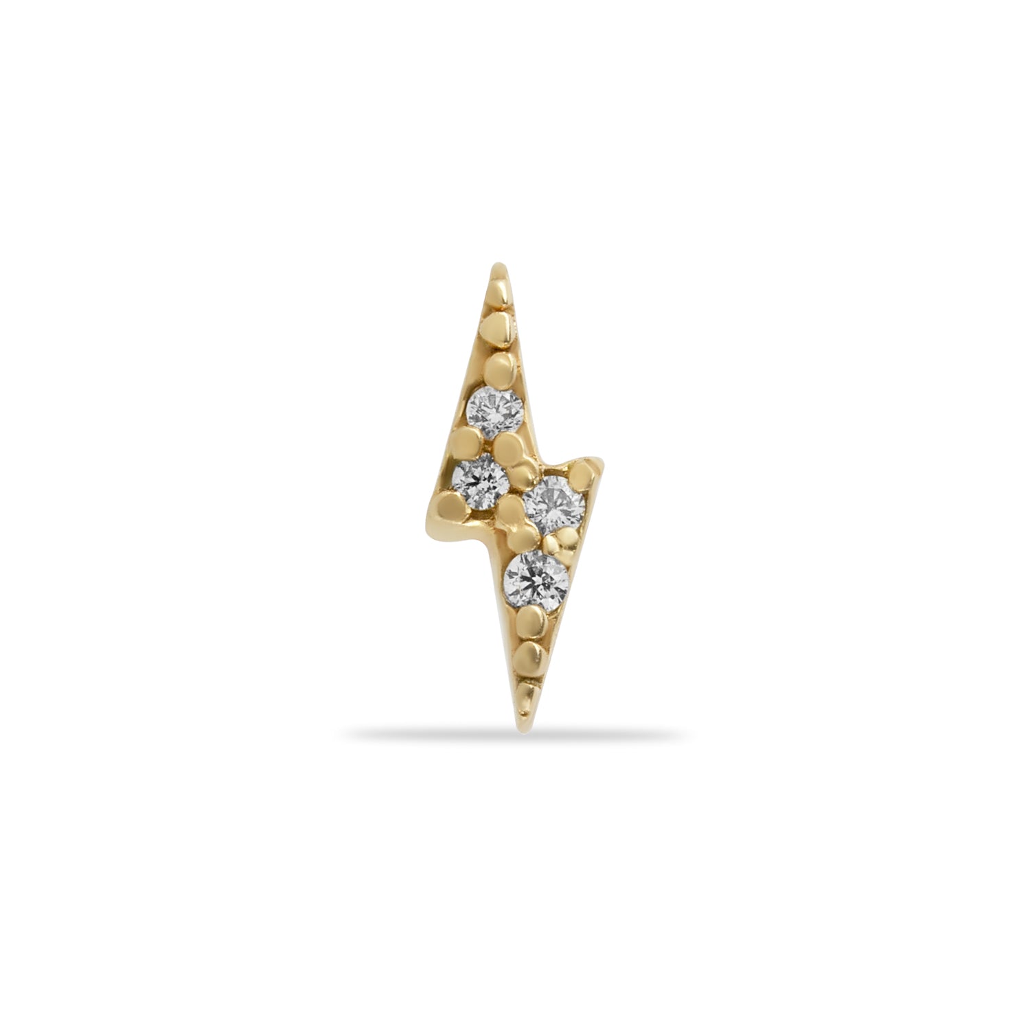 Lightning stud piercing earring with clear zircons - 14K Solid Yellow Gold