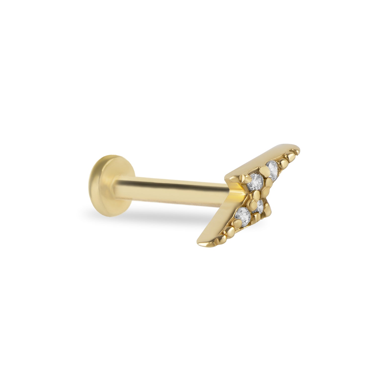 Lightning stud piercing earring with clear zircons - 14K Solid Yellow Gold