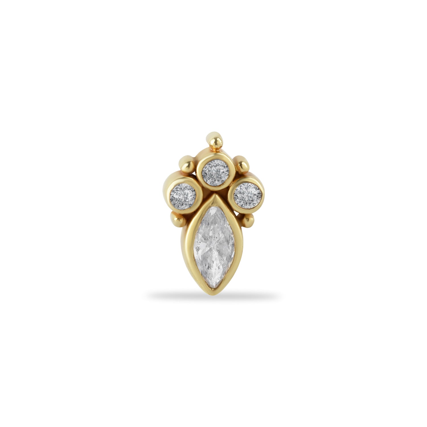 Marquis stud piercing earring with clear zircons - 14K Solid Yellow Gold