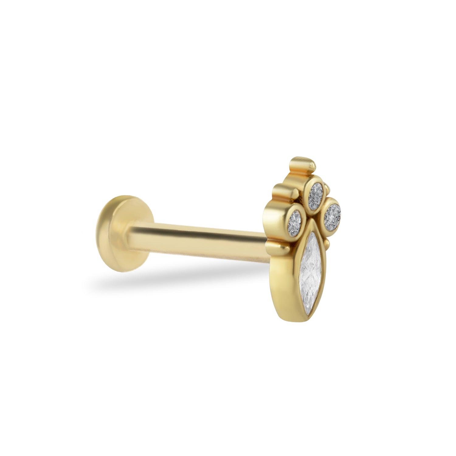 Marquis stud piercing earring with clear zircons - 14K Solid Yellow Gold