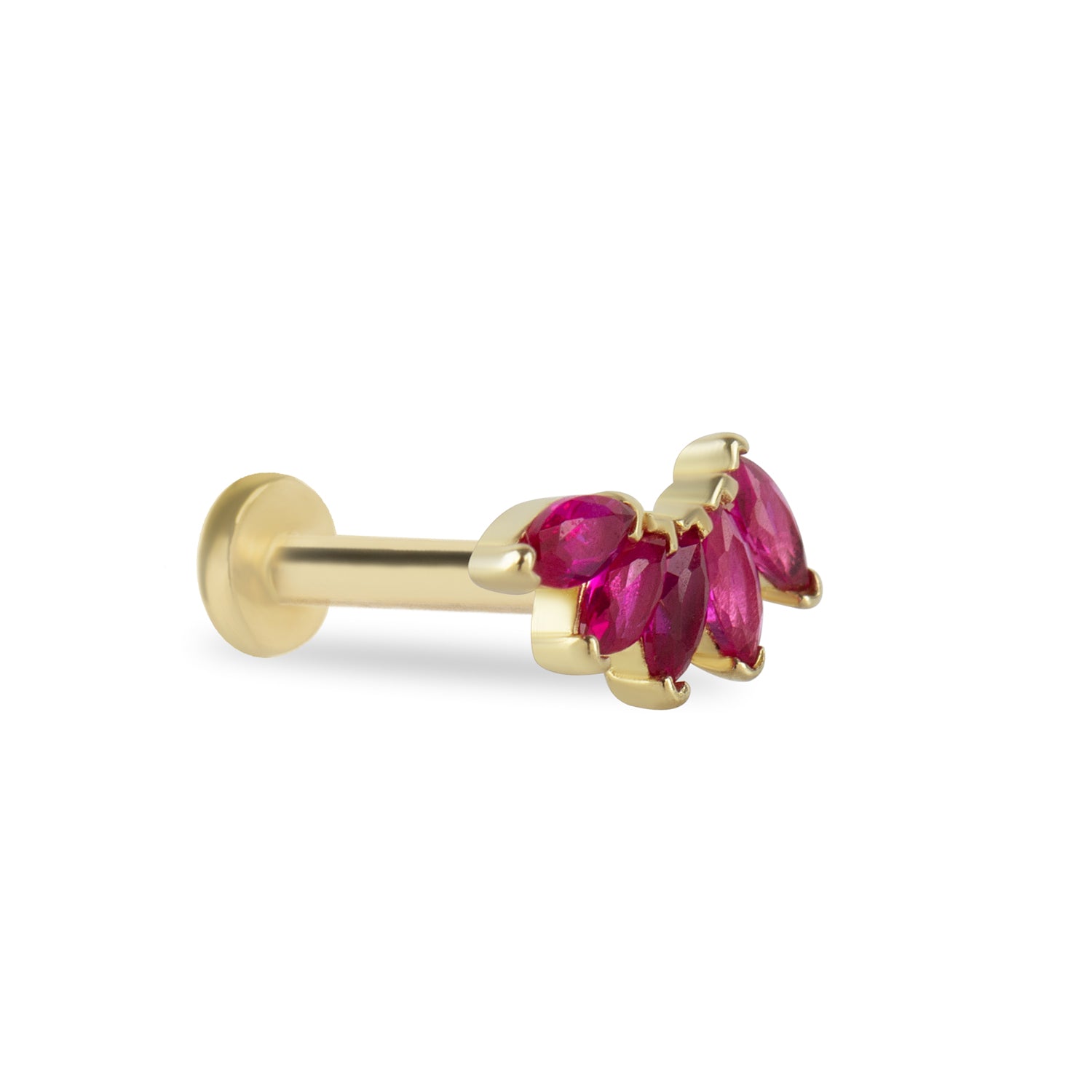 Climber stud piercing earring with red zircons - 14K Solid Yellow Gold