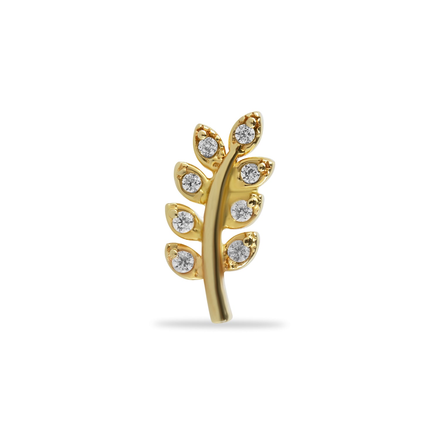 Leaf stud piercing earring with clear zircons - 14K Solid Yellow Gold