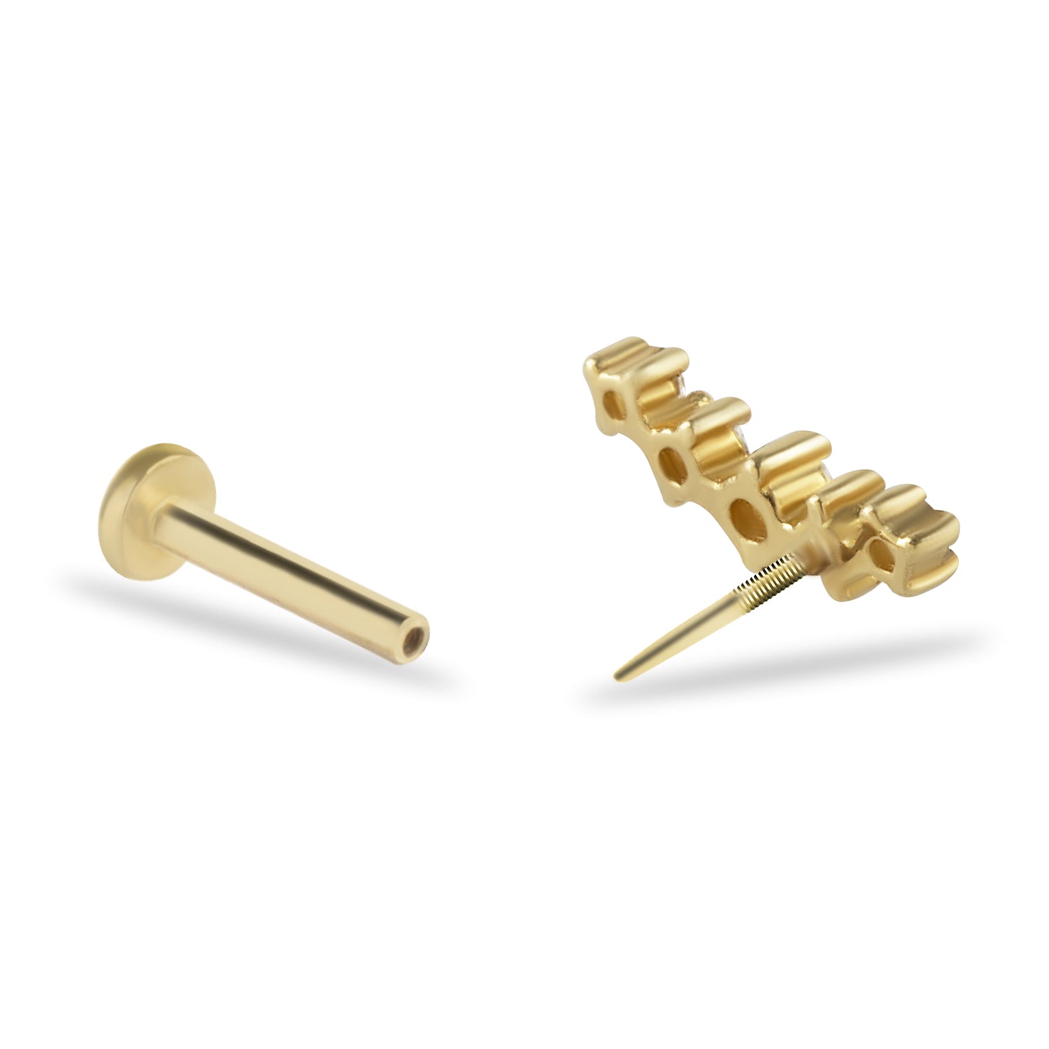 Climber stud piercing earring with clear zircons - 14K Solid Yellow Gold