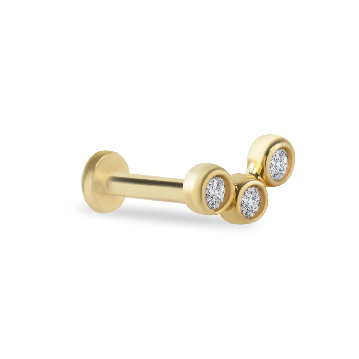 Stud piercing earring with clear zircons - 14K Solid Yellow Gold