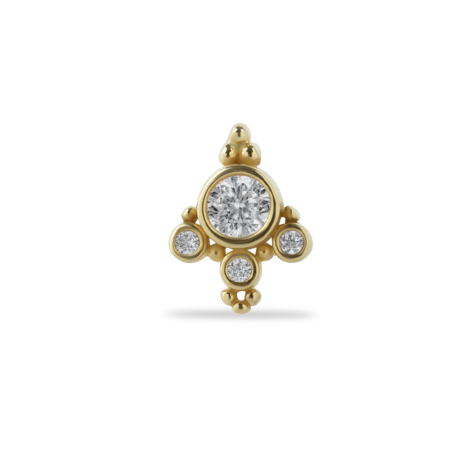 Stud piercing earring with clear zircons - 14K Solid Yellow Gold