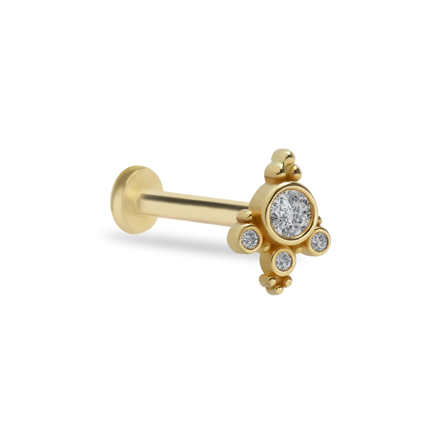 Stud piercing earring with clear zircons - 14K Solid Yellow Gold