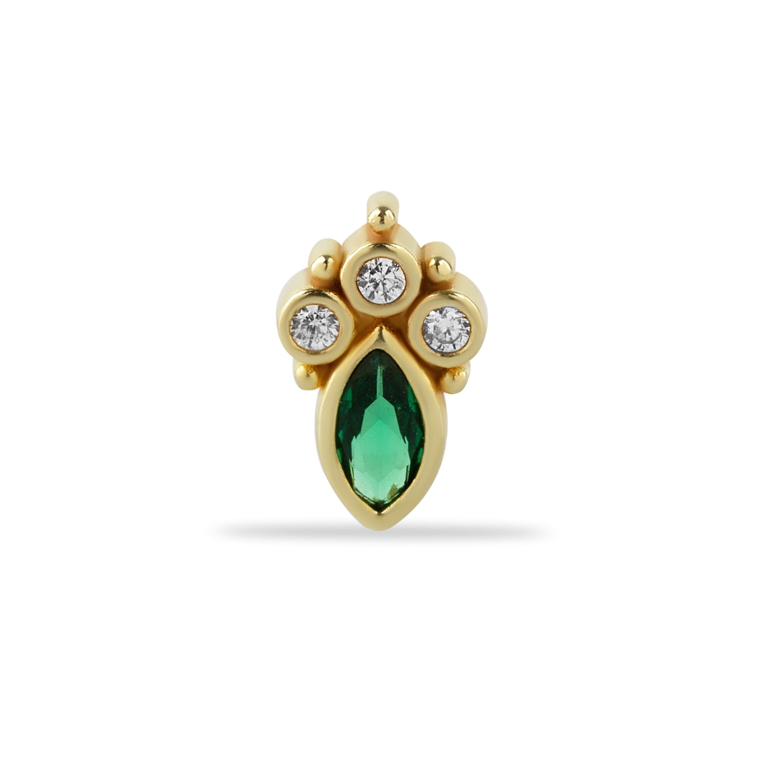 Marquis stud piercing earring with green & clear zircons - 14K Solid Yellow Gold