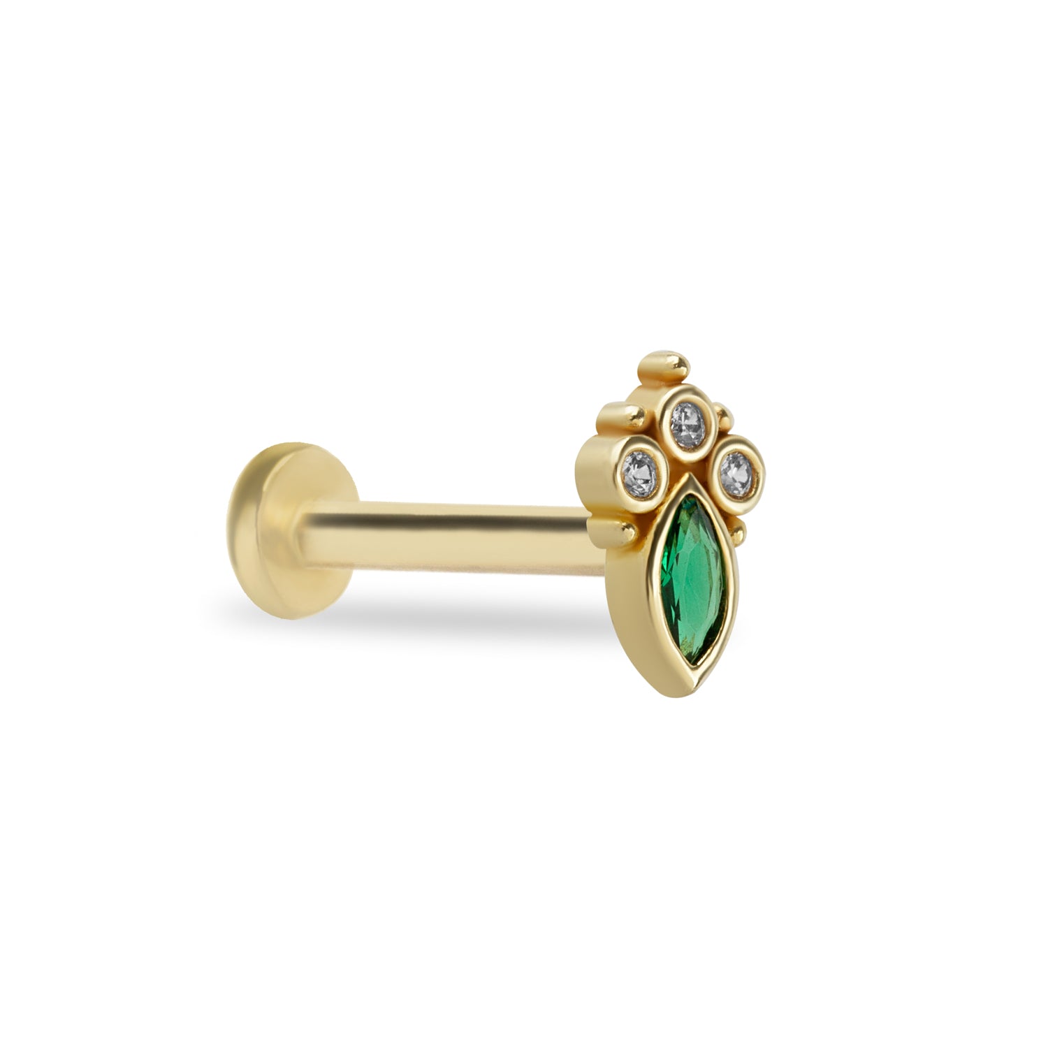 Marquis stud piercing earring with green & clear zircons - 14K Solid Yellow Gold