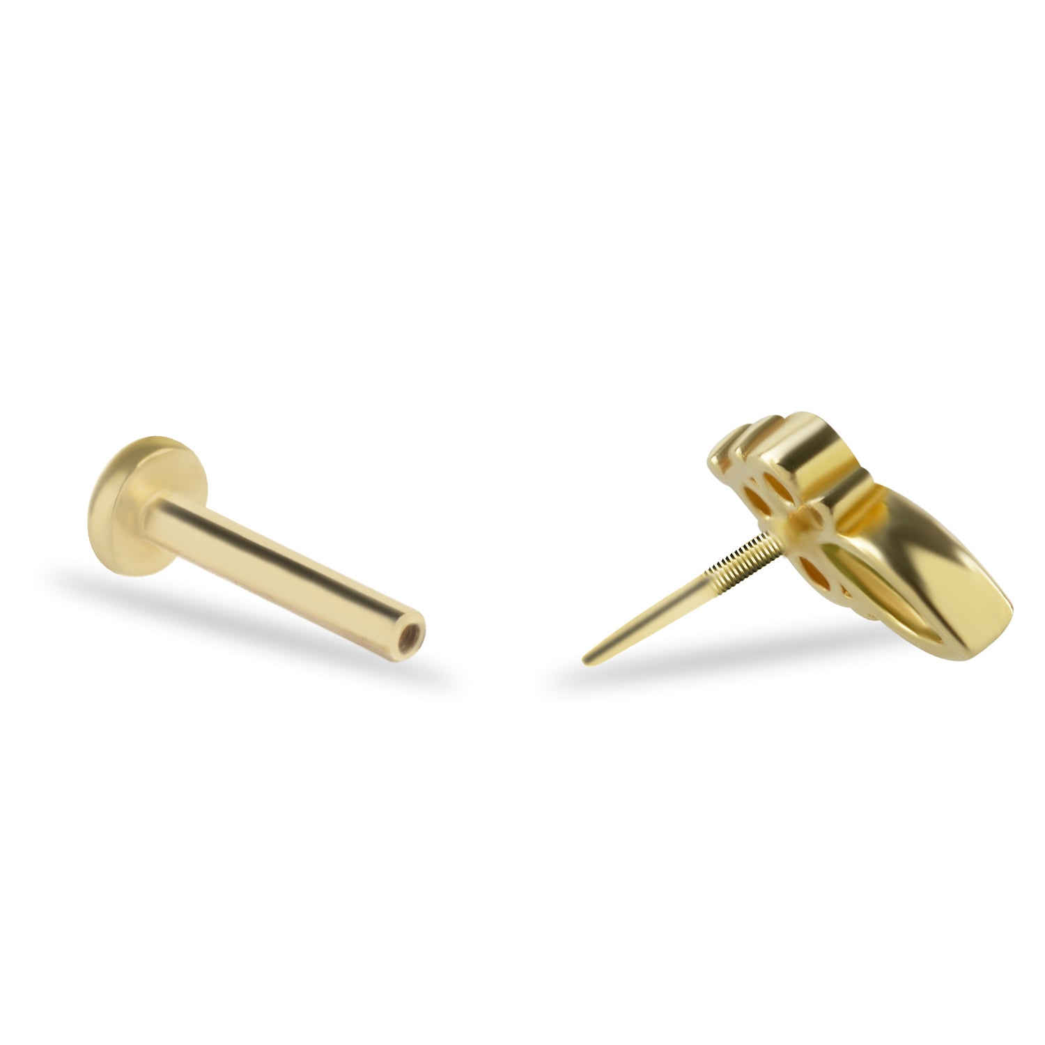 Marquis stud piercing earring with green & clear zircons - 14K Solid Yellow Gold
