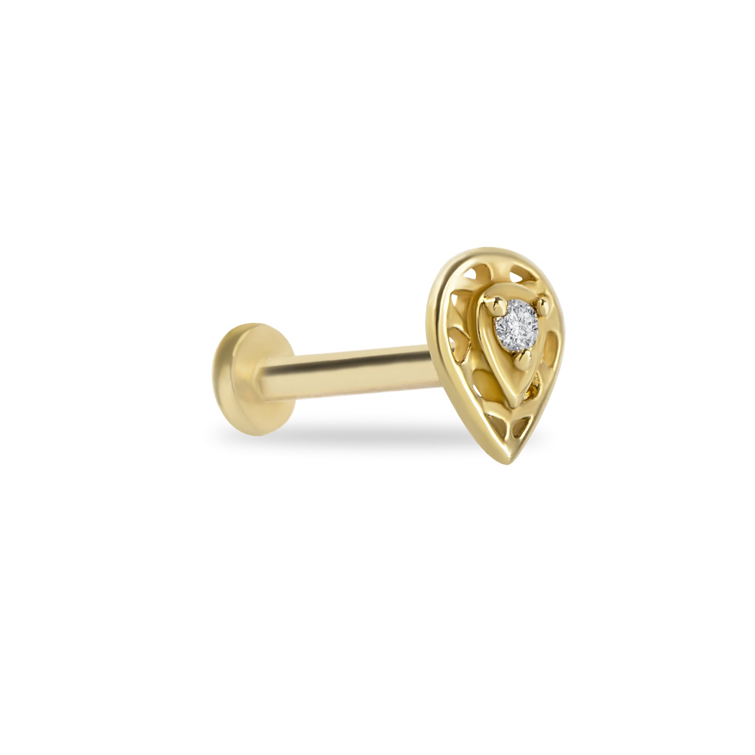 pear stud piercing earring with clear zircon - 14K Solid Yellow Gold