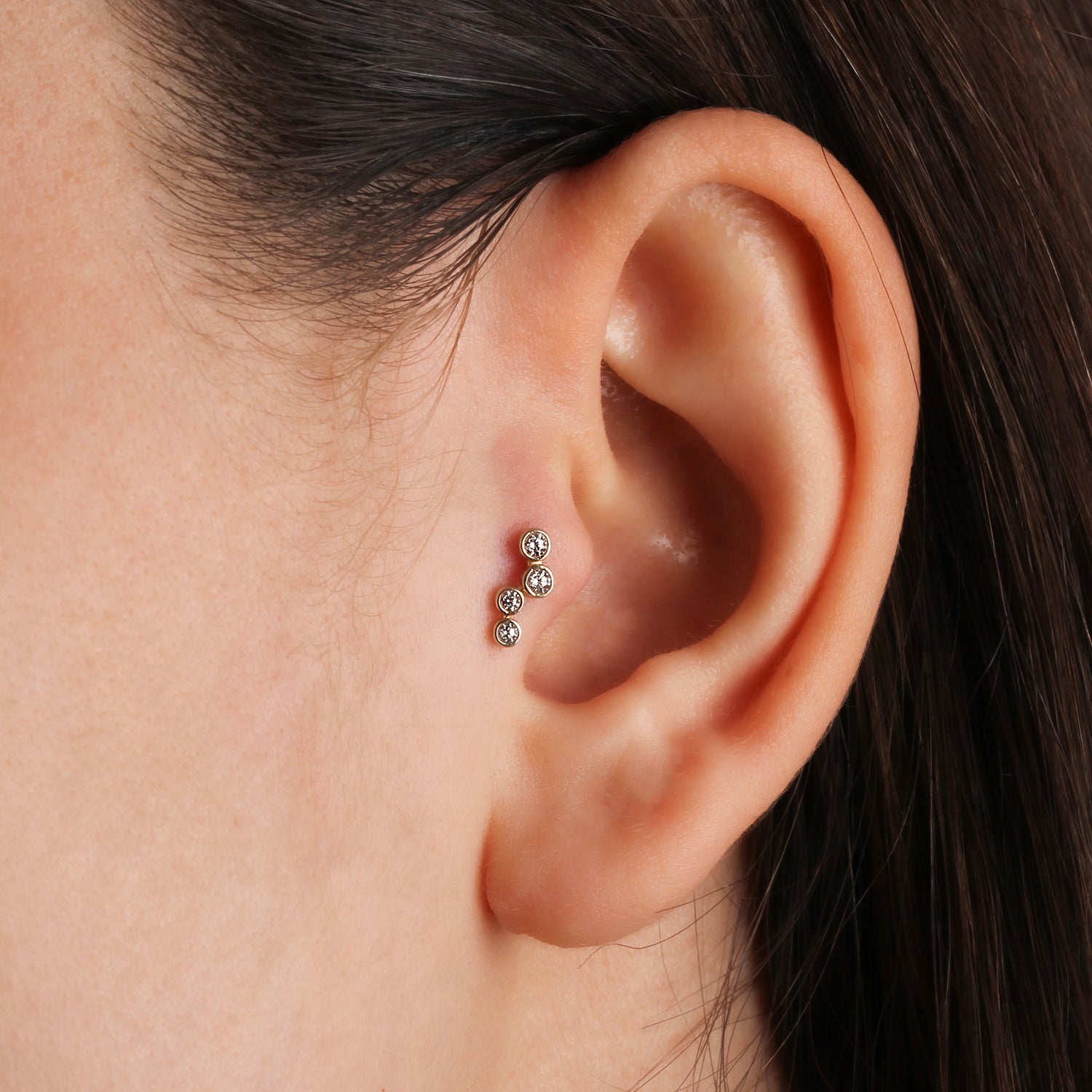 Climber stud piercing earring with clear zircons - 14K Solid Yellow Gold