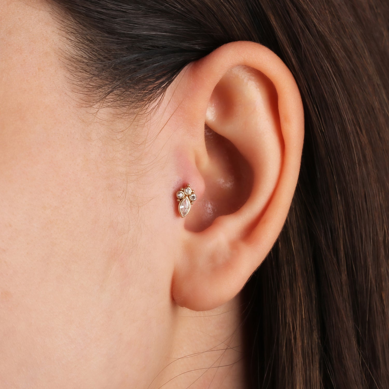 Marquis stud piercing earring with clear zircons - 14K Solid Yellow Gold
