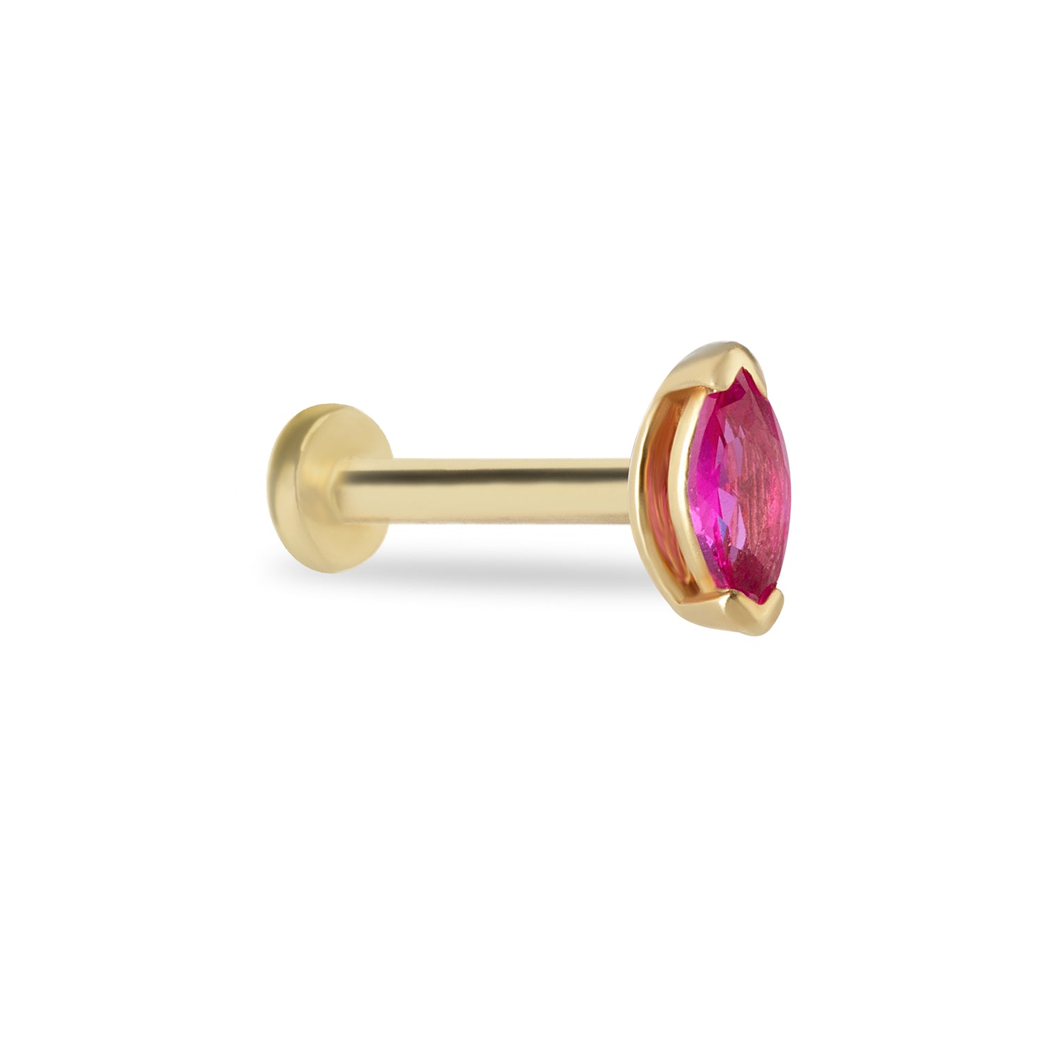 Stud piercing earring with red zircon  - 14K Solid Yellow Gold