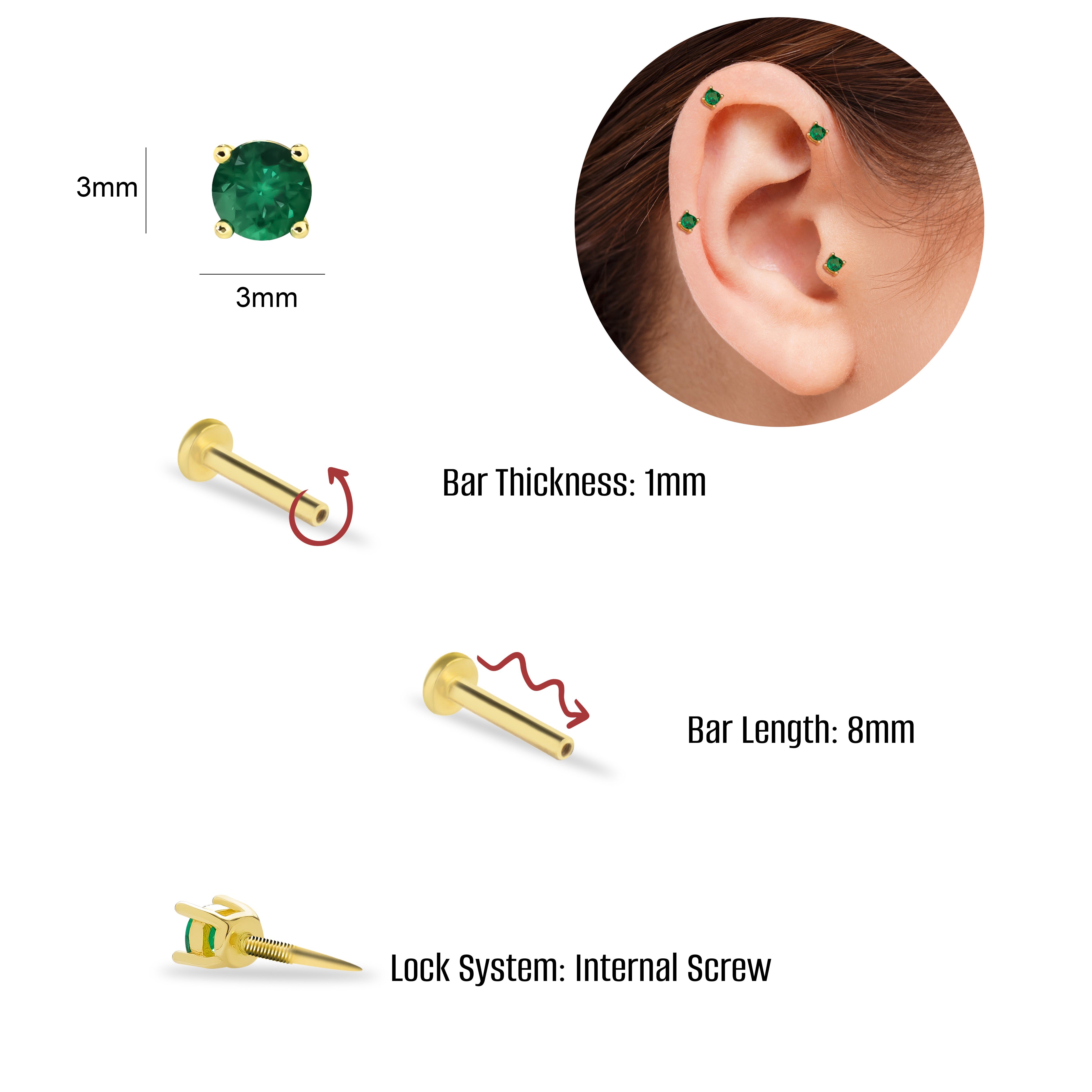 Dot stud piercing earring with green zircon - 14K Solid Yellow Gold