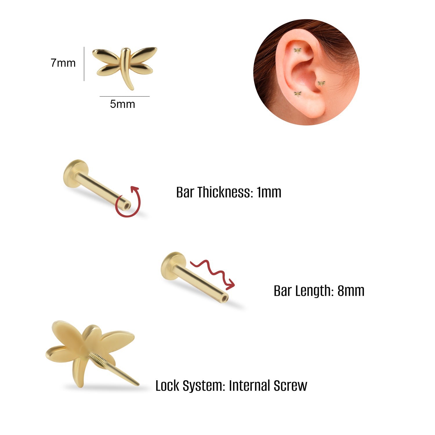 Dragonfly stud piercing earring - 14K Solid Yellow Gold