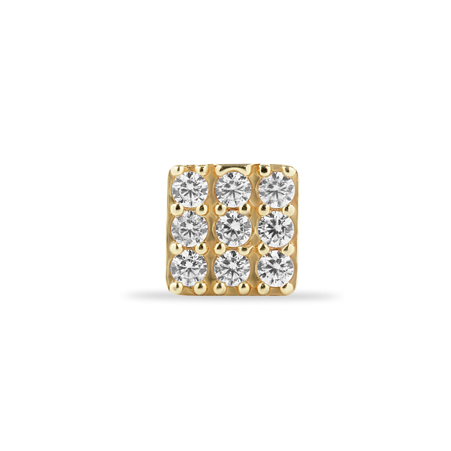 Square stud piercing earring with clear zircons - 14K Solid Yellow Gold