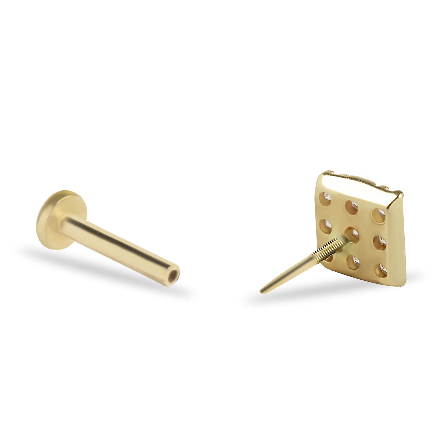 Square stud piercing earring with clear zircons - 14K Solid Yellow Gold
