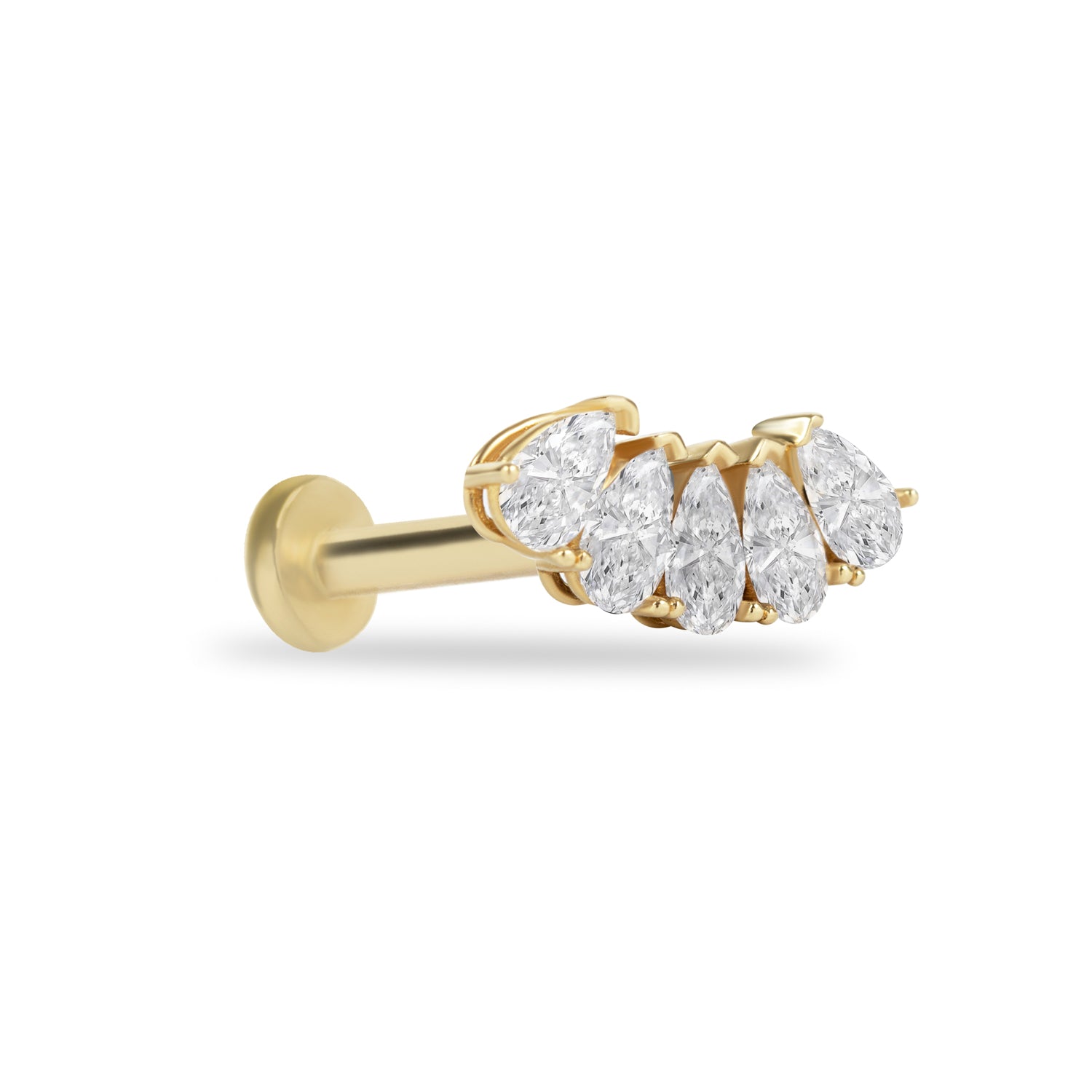 Climber stud piercing earring with clear zircons - 14K Solid Yellow Gold