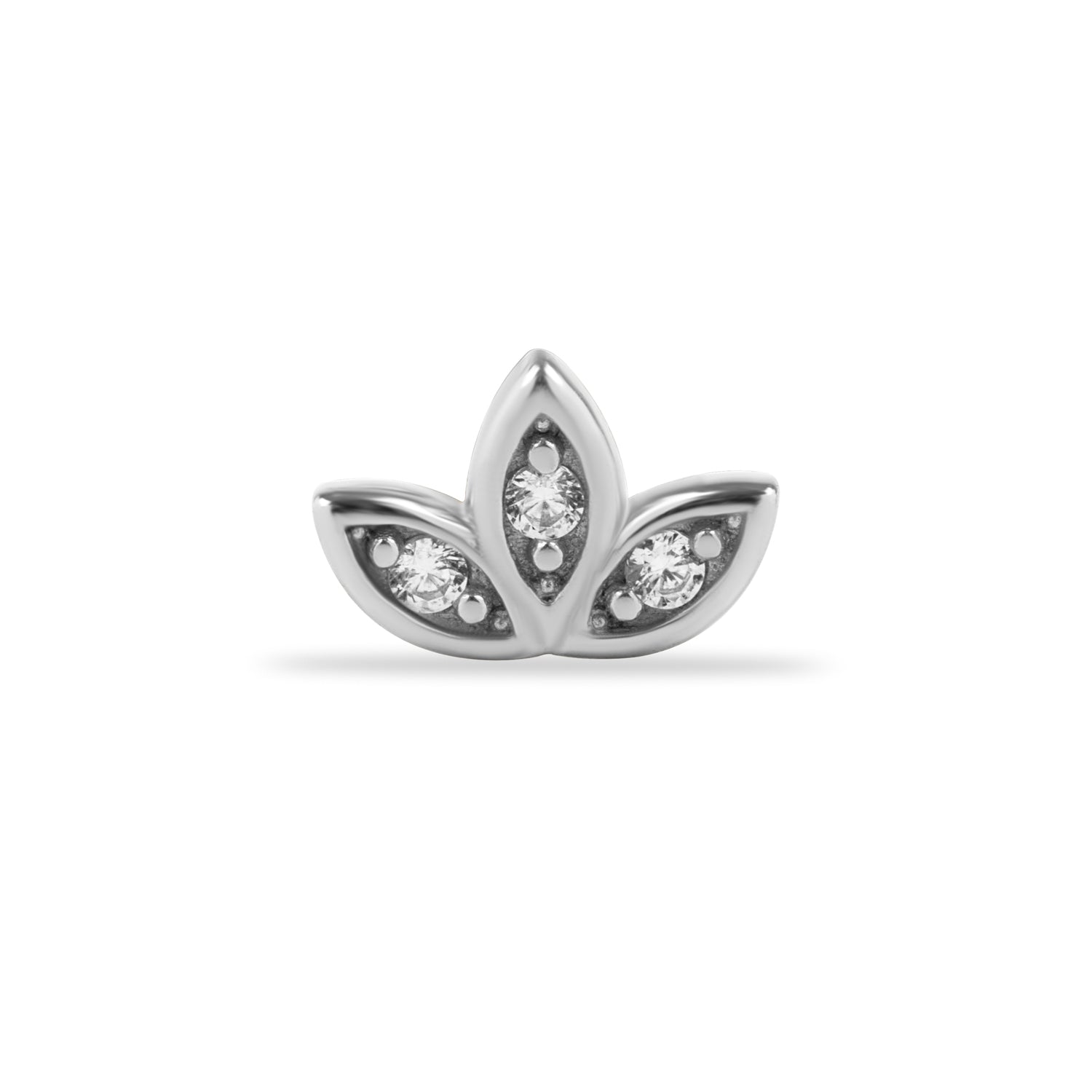 Lotus stud piercing earring with zircons - 14K Solid White Gold