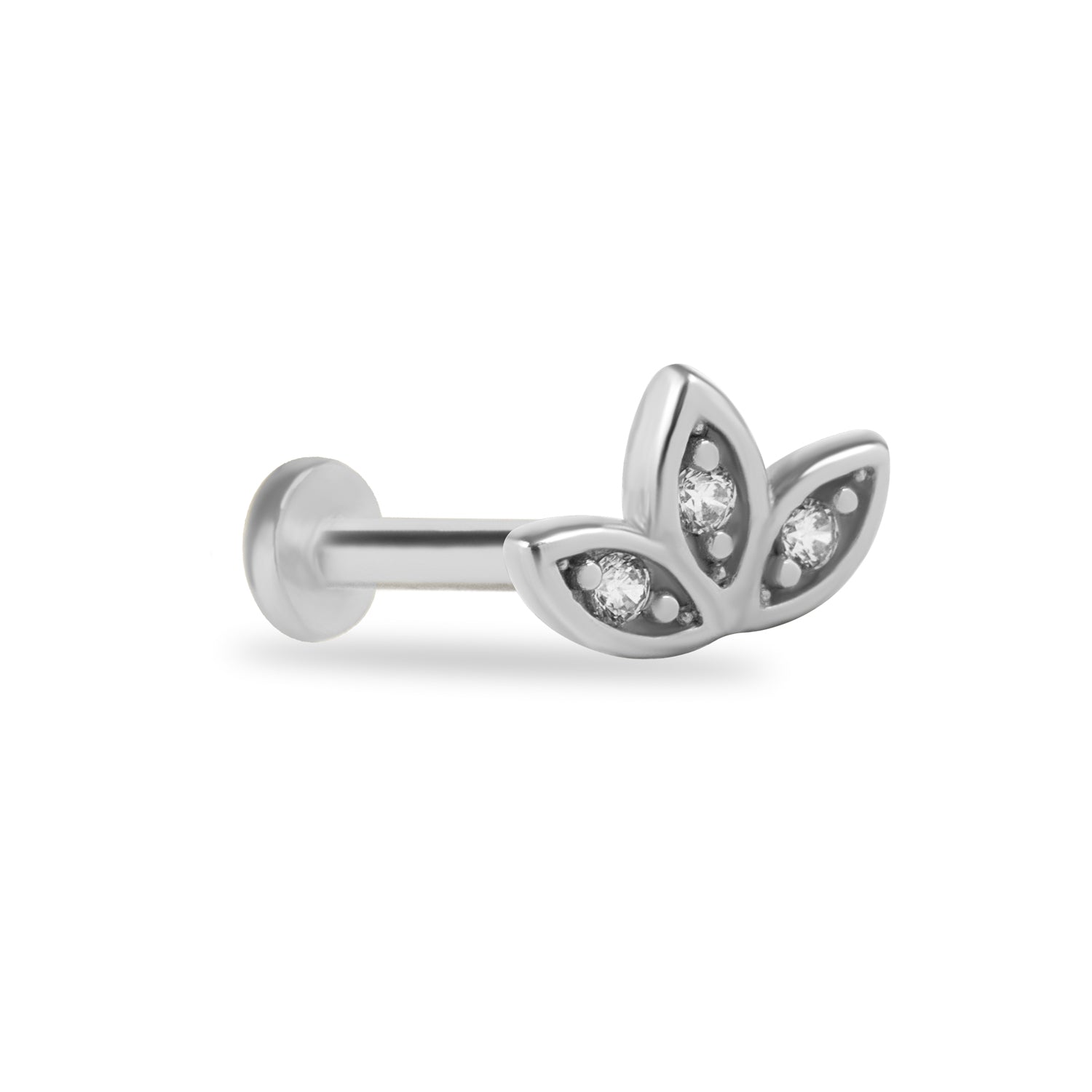 Lotus stud piercing earring with zircons - 14K Solid White Gold