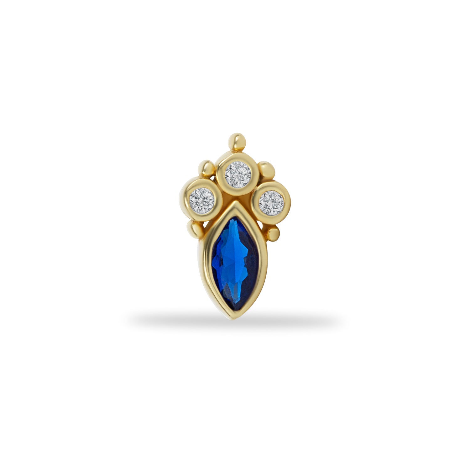 Marquis stud piercing earring with blue & clear zircons - 14K Solid Yellow Gold